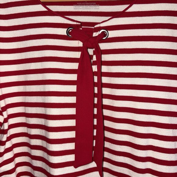 Talbots Red & White Striped Top Tie Front Size Large Nautical Cotton 3/4 Sleeves - Picture 4 of 9